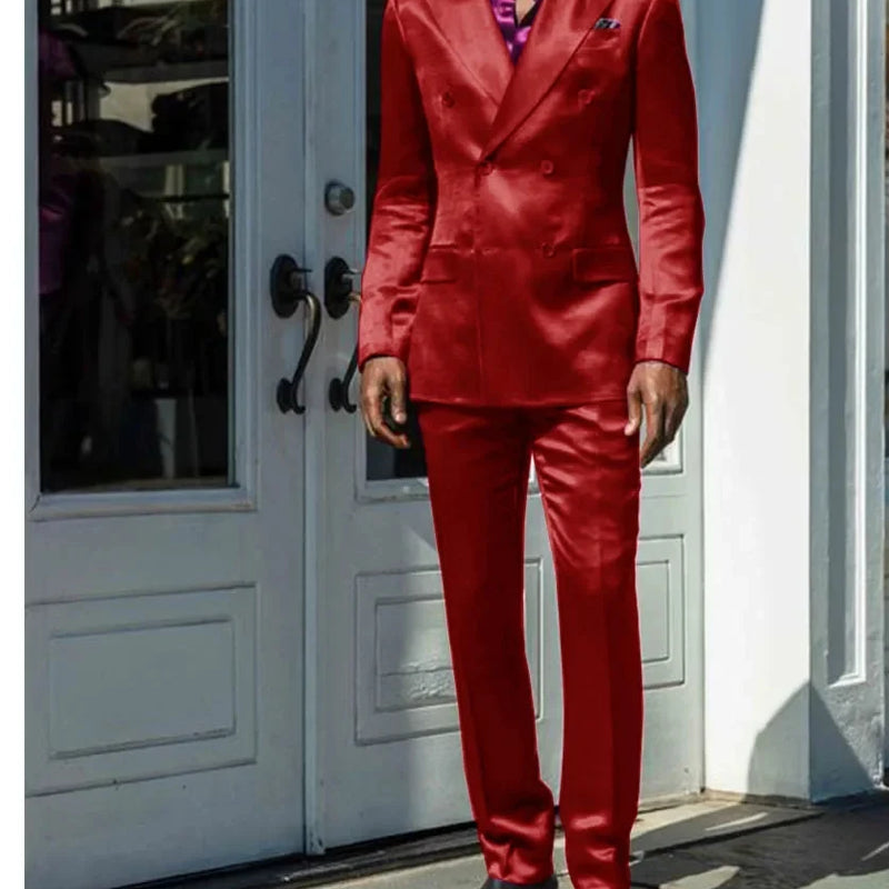 Fashionable Men Suits Satin 2 Piece Jacket Pants Sets High Quality Prom Party Blazer Double Breasted Peak Lapel Male Clothing
