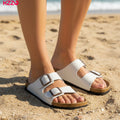 KZZO Waterproof Genuine Leather Mules for Women Non Slip Clog Shoes Outdoor Home Comfort Slip On Flat Double Adjustable Strap