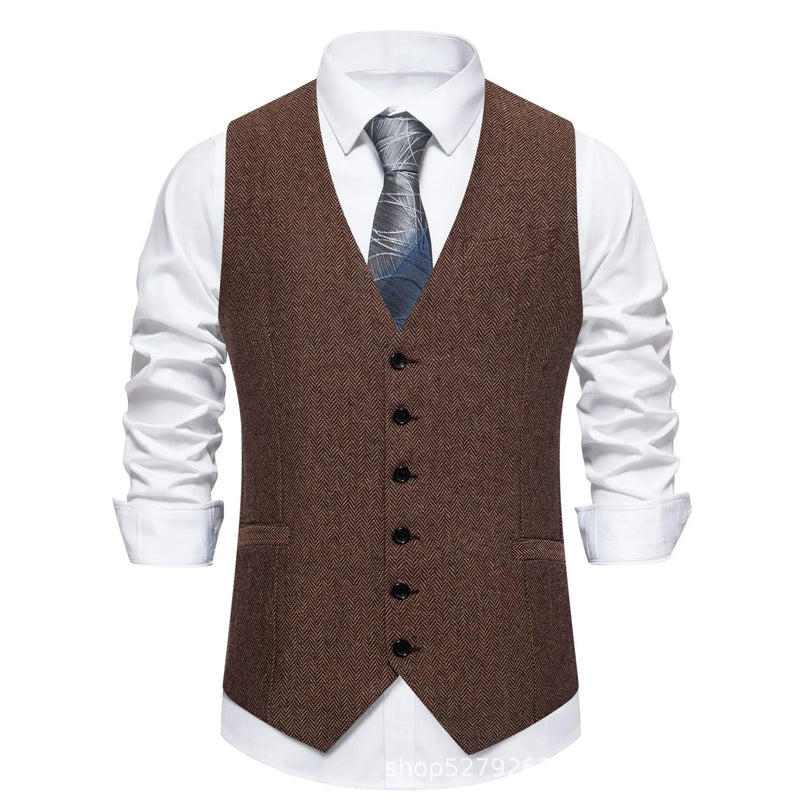 Men's Suit Vests Solid Color Herringbone Suit Waistcoat Business Casual Working Wear Retro Brown Single Breasted Vest for Men