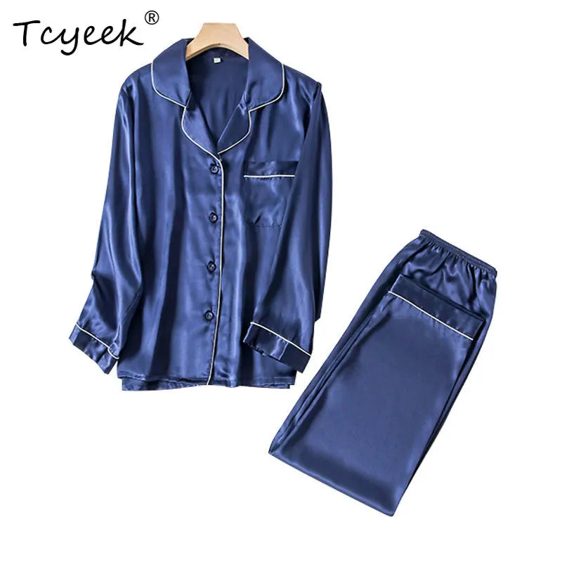 Tcyeek, 100%Real Silk Casual Pajamas Set, Women Long Sleeve Top Pants, Solid Home Clothing Set, 2024 Summer Autumn S48024QC