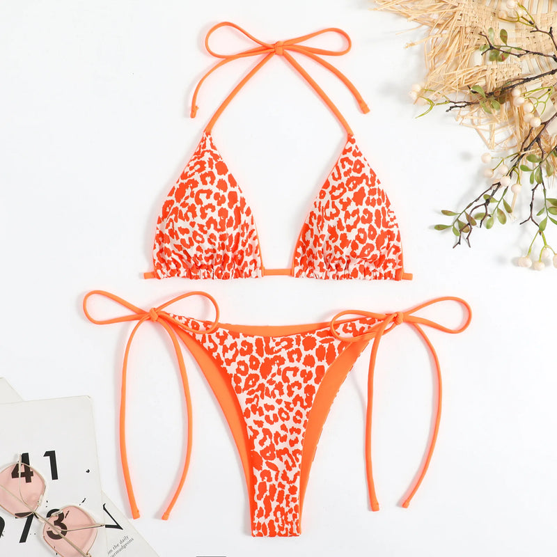 Sexy string leopard print bikinis set swimsuit halter tie | SAMAG