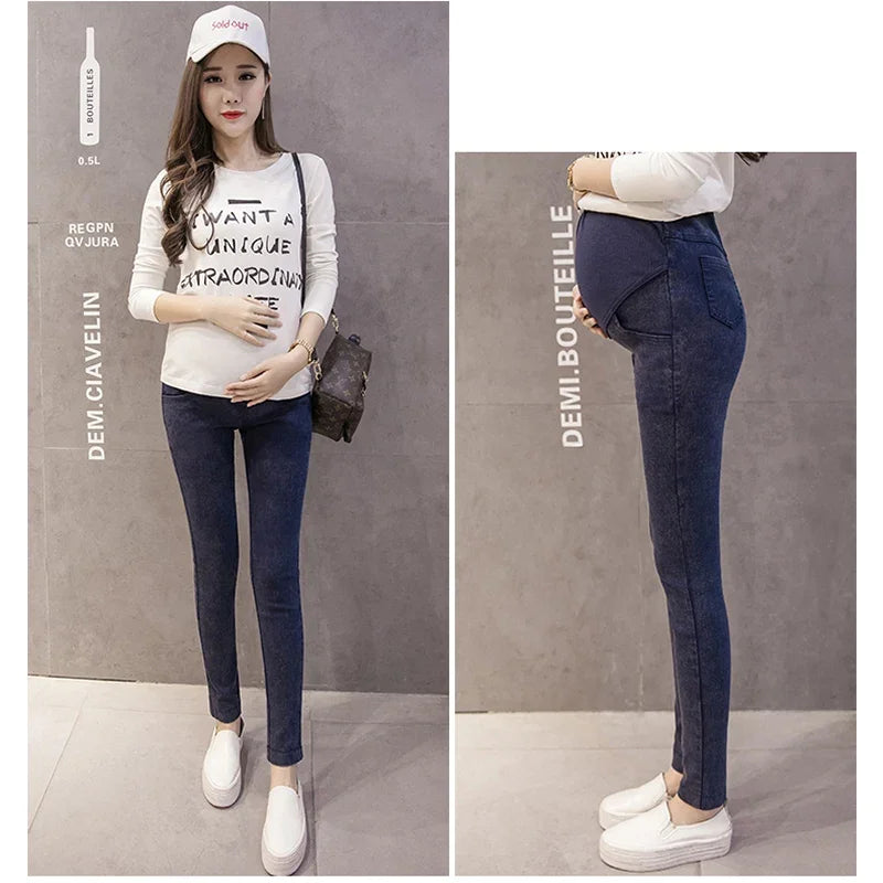 Maternity Pregnancy Skinny Trousers Jeans Pants Elastic Pregnant Women's Feet Stomach Lift  Stretch Denim