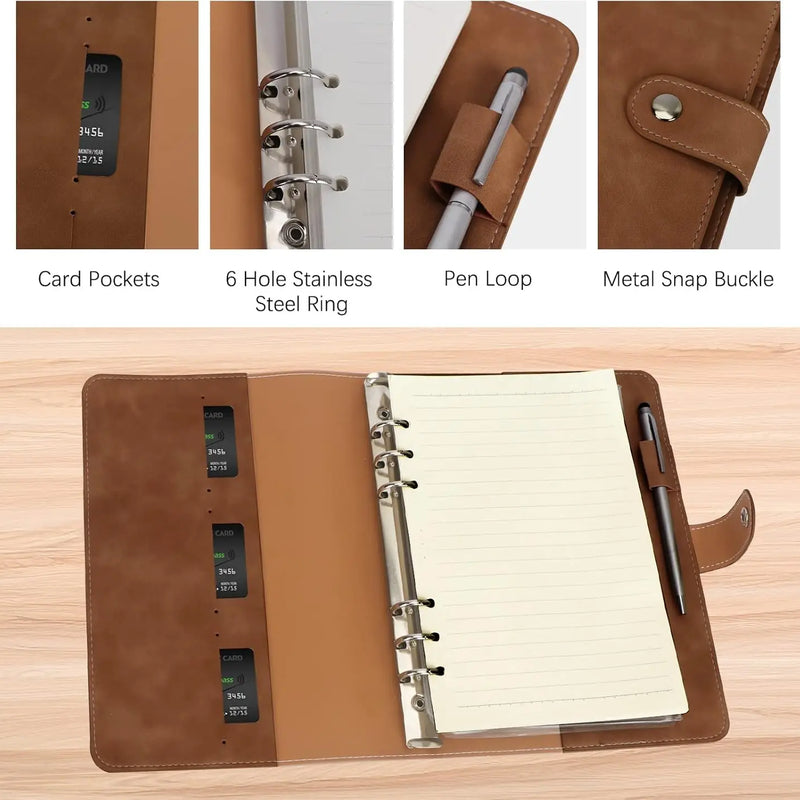 New Leather A5 Binder 6 Ring Binder Notebook - PU Leather Refillable Notebook with Binder Pockets, Dividers, Refill Paper