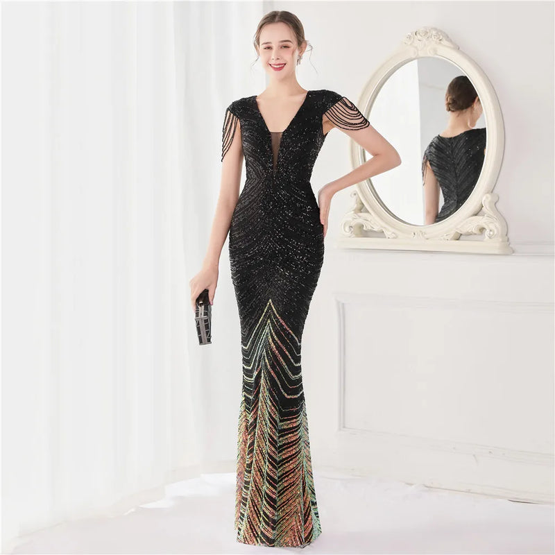 DEERVEADO Elegant V Neck Mermaid Evening Dress Long | SAMAG