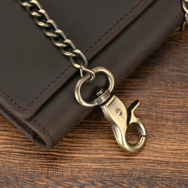 Men's Vintage Crazy Horse Leather Chain Wallet Genuine Leather Bifold Long Wallet Snap Card Holder Purse Zipper Coin Rfid Pocket