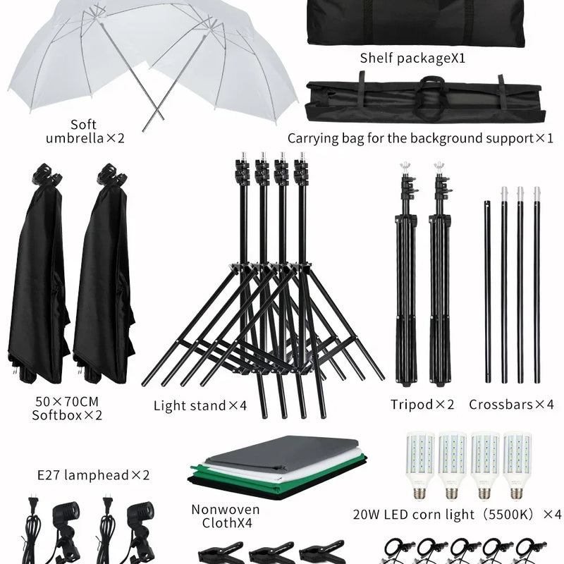 Photography Photo Studio Softbox Lighting Kit With 2.6x3M Background Frame 3pcs Backdrops Tripod Stand Reflector Board 4Umbrella