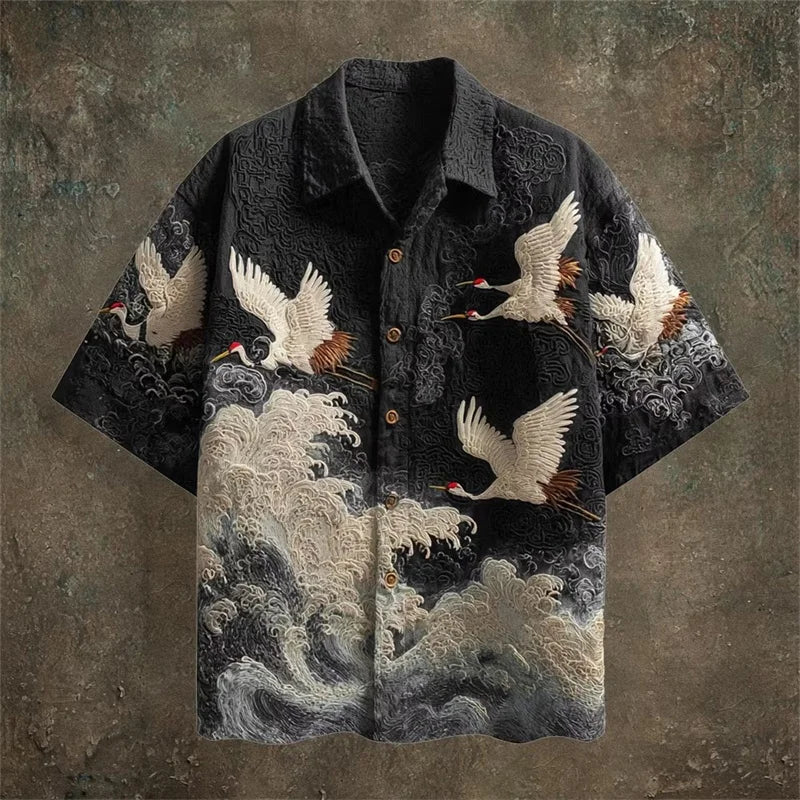 New Dark Green Embossed Pattern Fabric with Flying Crane | SAMAG