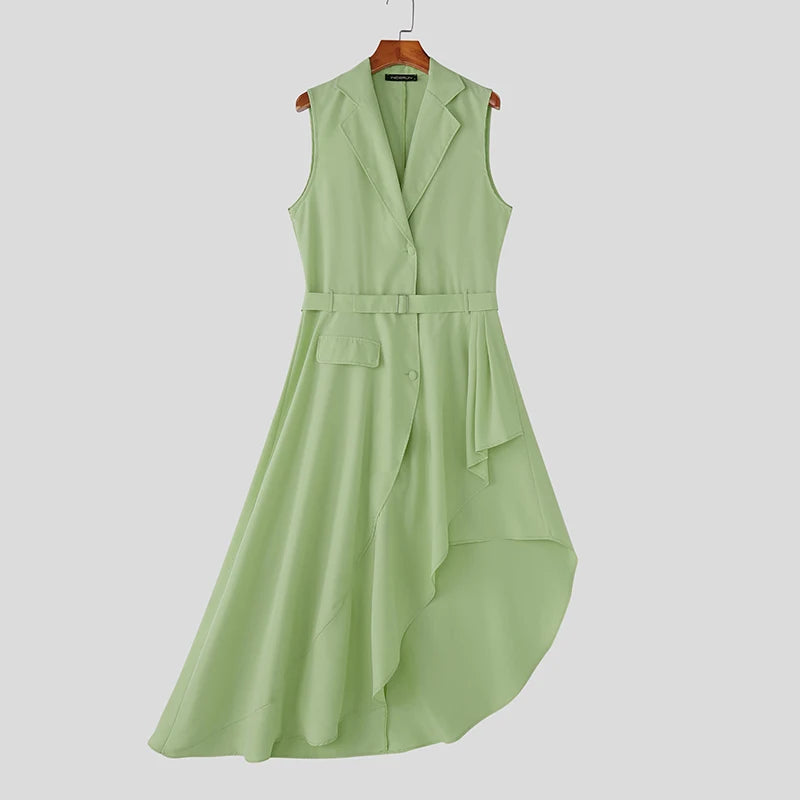 INCERUN Men Vests Solid Lapel Sleeveless Irregular Vests Men 2025 Ruffle Fashion Male Long Style Waistcoats With Belt Streetwear