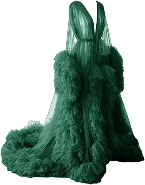 Women's Dressing Gown Perspective Sheer Long Tulle Robe Puffy Pregnancy Maternity Dress for Baby Shower Nightgown Sleepwear
