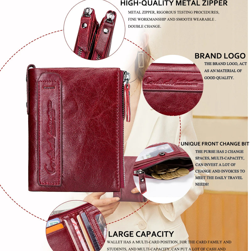 CONTACT'S Fashion Genuine Leather Women Wallet Bifold Card Holder Coin Purse Small Women's Purse Money Clip Men Pocket Wallets