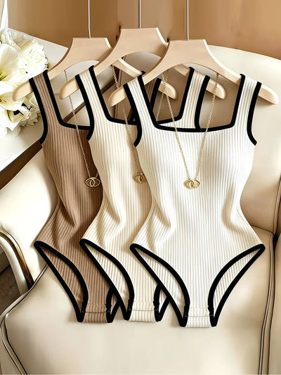Women's Ribbed Bodysuit Set Fashionable Black Piped | SAMAG