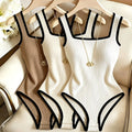 3pcs Women's Ribbed Bodysuit Set Fashionable Black Piped Square Neck Waist-Cinching Style Summer Nightlife Wear Elegant Beach Ou