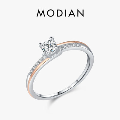MODIAN 925 Sterling Silver Classic Wedding Elegant Ring Rose Gold Color Line Unique Metallic Contrast Design Jewelry | SAMAG