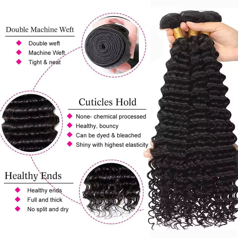 Deep Wave Human Hair Bundles Curly Hair 40Inch Brazilian Weaving Raw Virgin Unprocessed Double Weft Hair Bundles Extensions