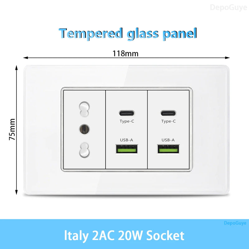 White Tempered Glass Italy USB Type C Smart Fast Charging Wall Socket Plugs Schuko Light Switch Panel Chile TV Sat Computer CAT6