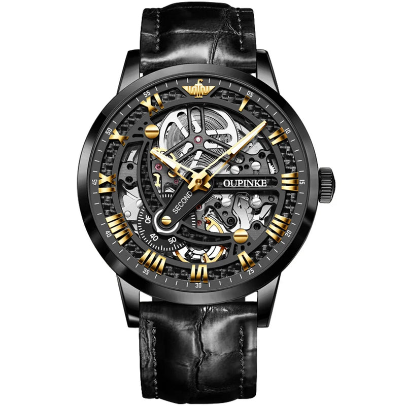 OUPINKE 3173 Fully Transparent Hollowed Automatic Mechanical Watches for Man Luxury Original Leather Strap Waterproof Mens Watch