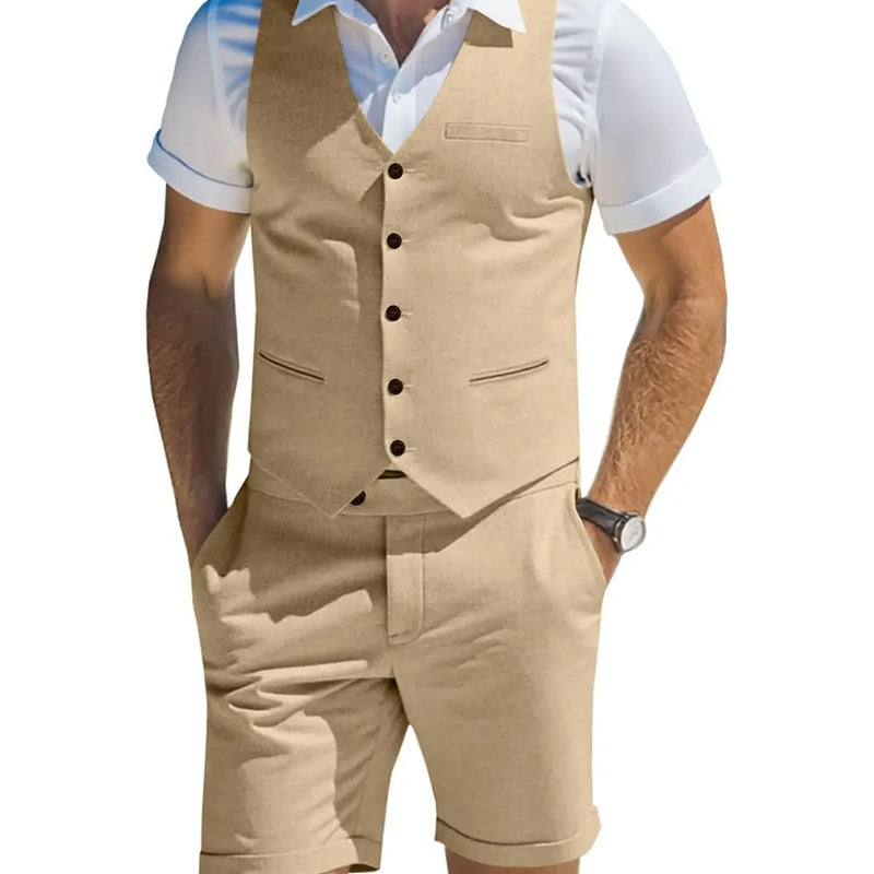 Men's Suit Linen 2 Piece Vests Short Pants Suits for Men Casual Summer Beach Groomsmen Wedding Waistcoat Set