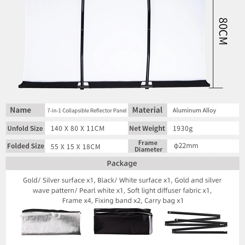 Selens 7-In-1 Reflector Set Foldable Photography Light Reflective Screen + Aluminium Stand + Bag For Photography Studio