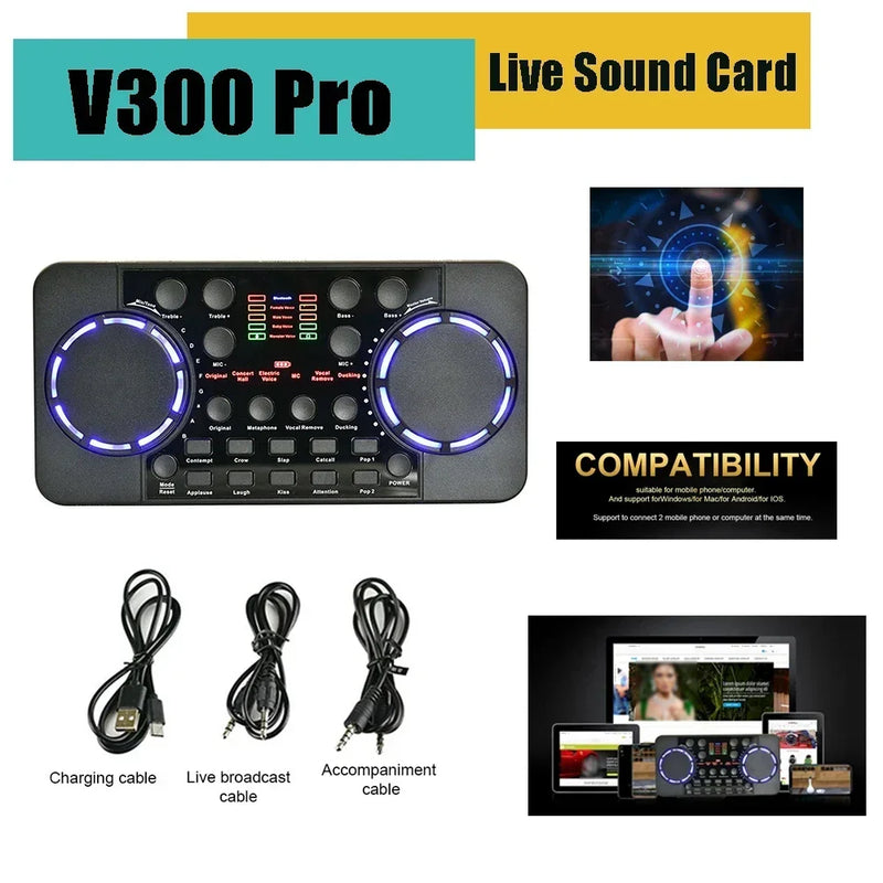Professional V300 Pro Sound BT Card Audio Interface Mixer DJ Digital Effect Noise Reduction Console USB Record For Singing