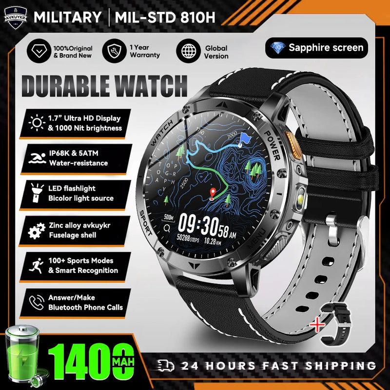 Military Grade Alloy Smartwatch 1400mAh Long Standby Waterproof SOS Emergency Flashlight BT Call Outdoor Sports Watch For Men