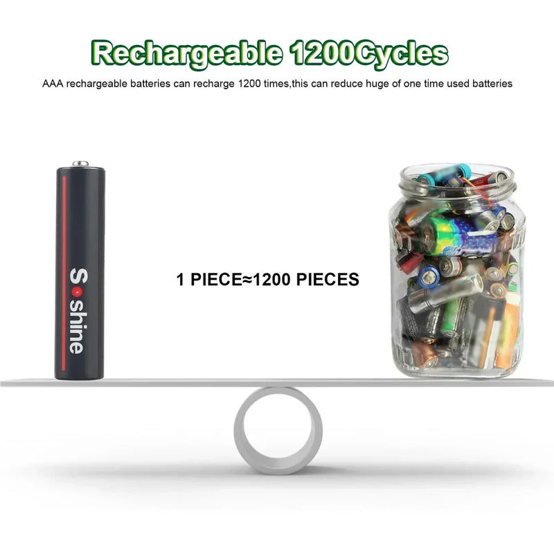 Soshine 1.5V 600mWh USB Li-ion Aaa Battery AAA Rechargeable Battery 3A 1.5Volt Lithium Batteries Toys Camera Flashlight  Clock