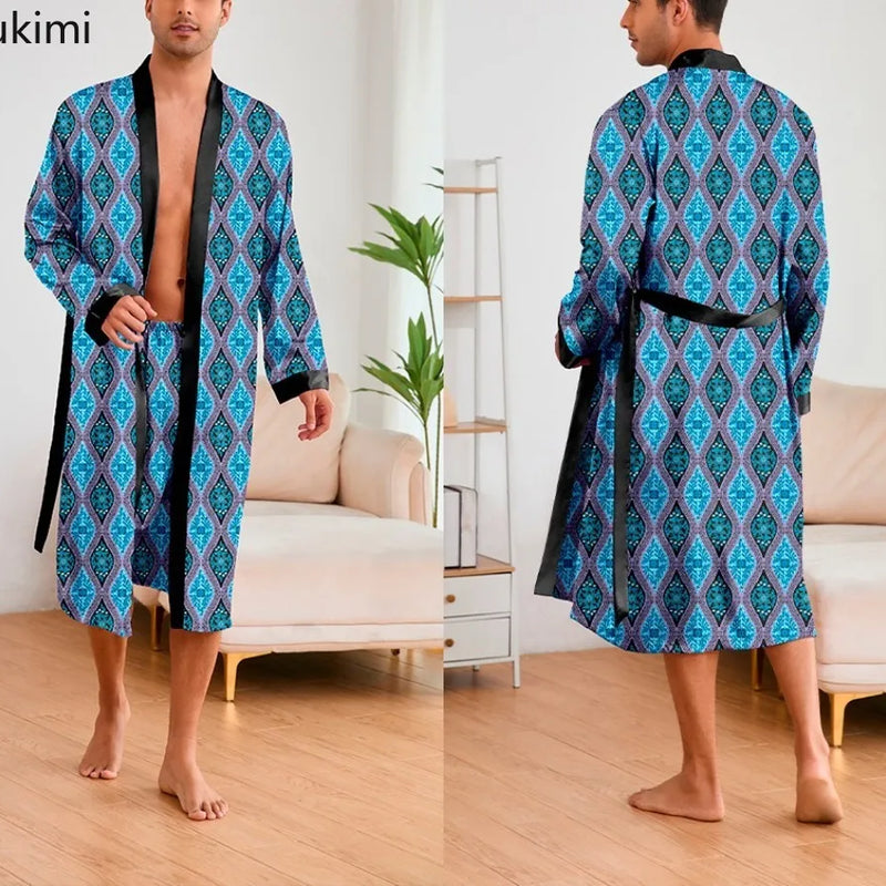 Men's Ice Silk Sleepwear Two-piece Set Kimono Bathrobe Gown Long Robe Pajamas Set Print Tiger Loose Casual Homewear Lounge Wear
