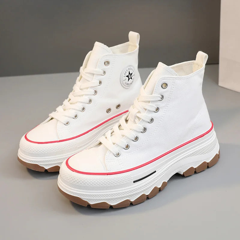 2024 Spring autumn Female Women High Top Sneakers Lace-Up Casual Plarform Height Canvas Non-slip Wear Resistant Vulcanize Shoes