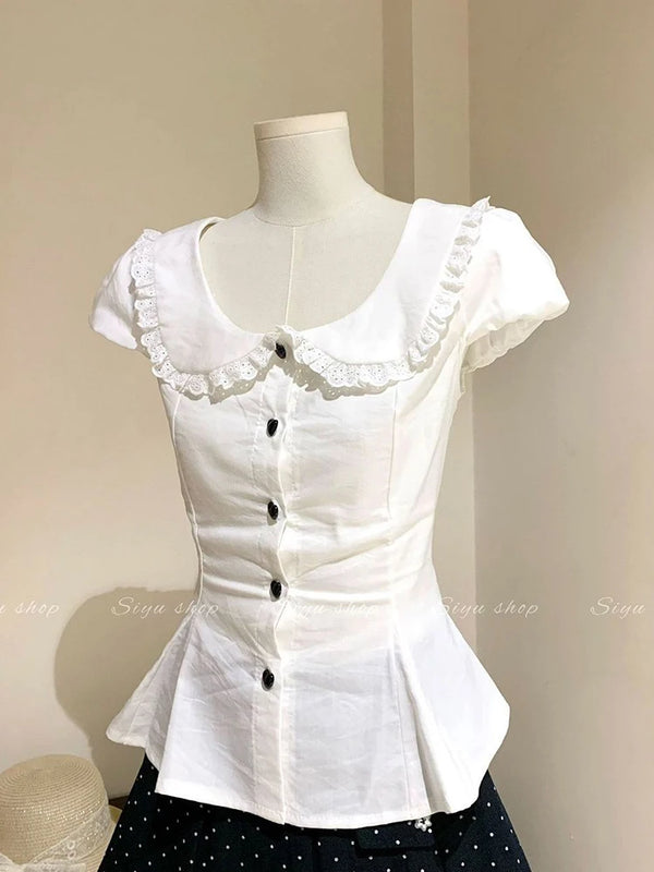 White Slim Sweet Shirt Women Puff Sleeve Cute Preppy - View 2 | SAMAG