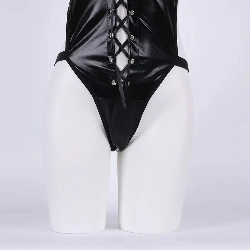 Lingerie Set Latex Leather V Neck Backless Hollow Plus Size For Women Night Wear Bra Corset Baby Doll Dress Underwear Costumes