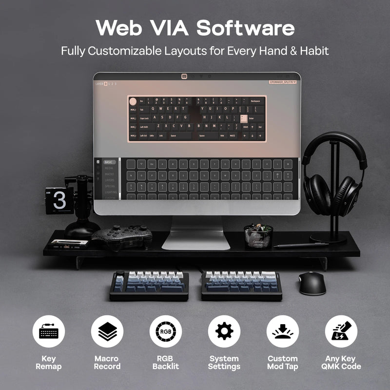 EPOMAKER Split70 QMK/VIA 70% Split Layout Wired/BT/2.4Ghz Wireless Mechanical Keyboard with Programmable Knob Mac Modifier