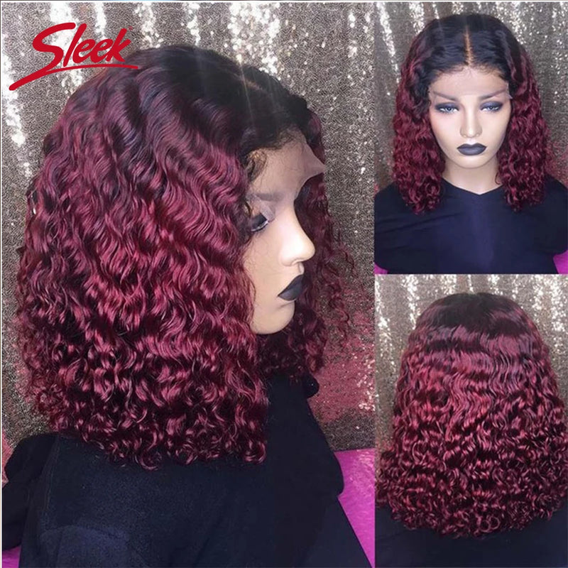 Sleek Brazilian Deep Curly Bob Wigs Nature Remy Black Dark Human Hair Bob Wigs Water Wave Lace Front Part P4/27 And Red 99J Wigs