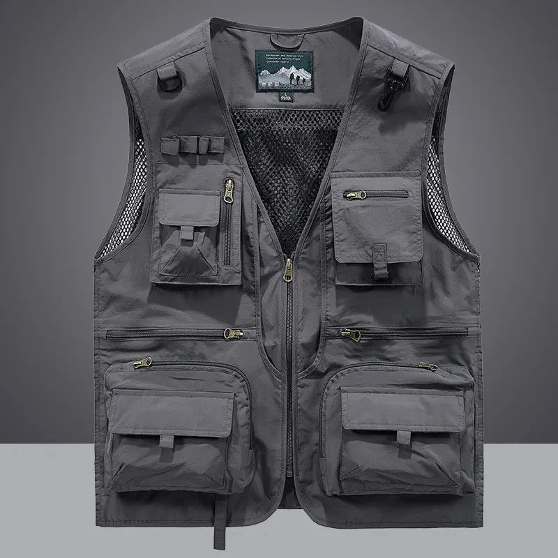 Men Work Vest 2025 Summer New Solid Colour Multi-pocket Casual Loose Waistcoat Fishing Photography Coat Man Sleeveless Jacket