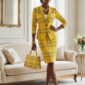 Women's Lapel Single Button Three Quarter Plaid Blazer Matching Pencil Midi Skirt For Office Business Daily Working Formal Fashion Occasions