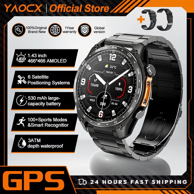 2026 New Military Smart Watch Men Built-in GPS 530mah Bluetooth Call 3ATM Waterproof Barometric Altimeter Sports Smart Watches