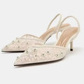 2026 Spring/Summer New Women's Shoes Champagne Chinese Embroidery Mesh Pearl Pointed High Heels Thin Heels Baotou