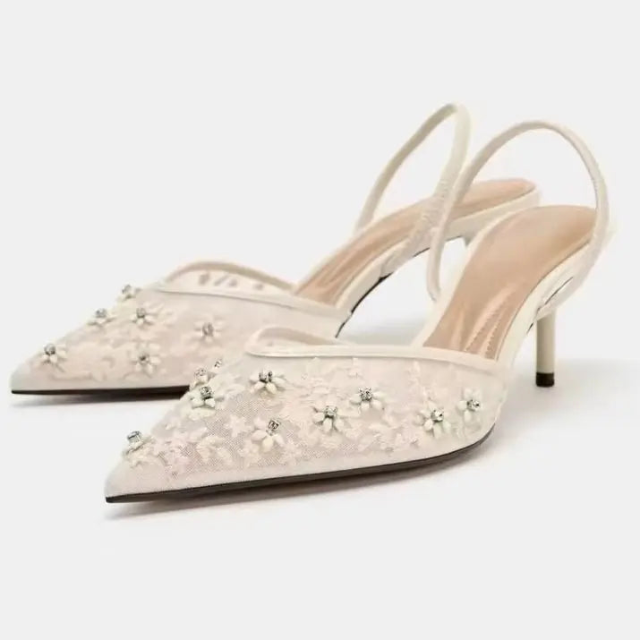 2026 Spring/Summer New Women's Shoes Champagne Chinese Embroidery Mesh Pearl Pointed High Heels Thin Heels Baotou