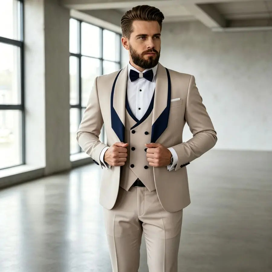 3 Pieces Men's Slim Fit Wedding Tuxedo Beige Groom Prom Dinner Blazer Vest Pants Set Classic Business Formal Suit for Men