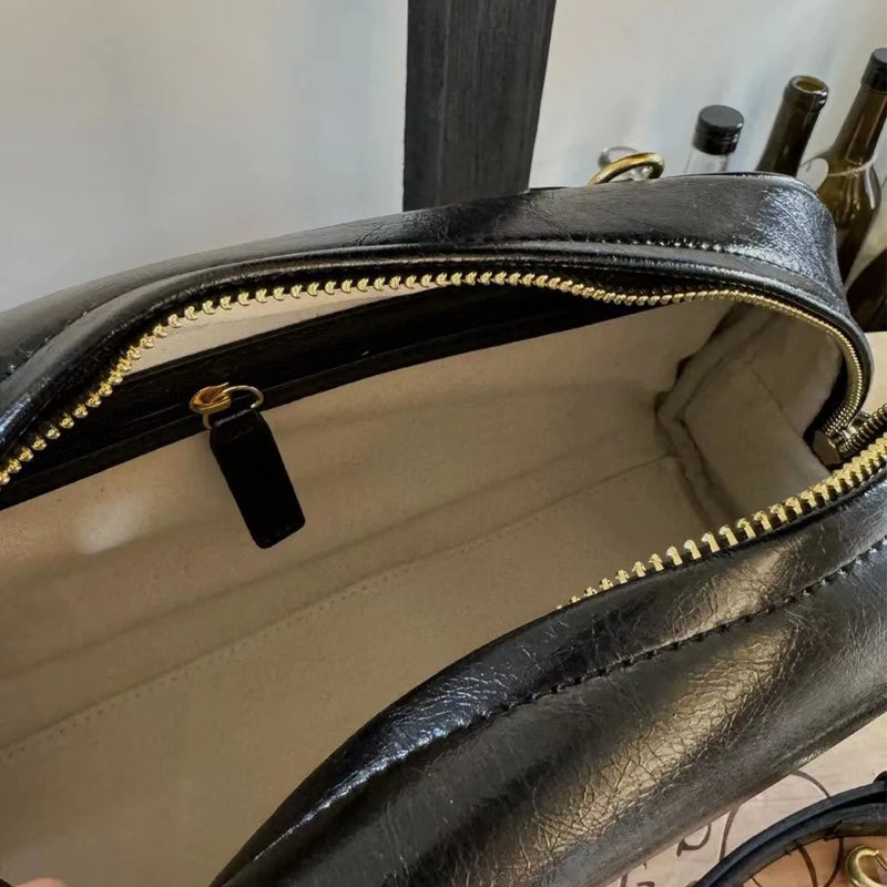 2025 Boston bag women genuine leather handbag new trendy  maillard niche design large-capacity commuter retro bowling tote bag