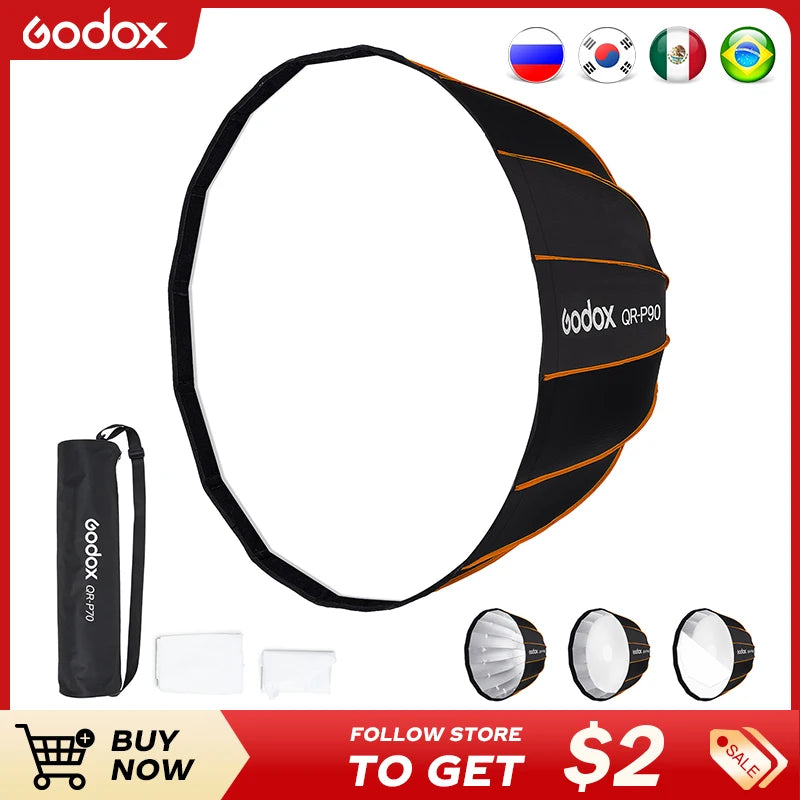 Godox Quickly Release Parabolic Deep Softbox QR-P70 70CM QR-P90 90CM QR-P120 120CM with Honeycomb Grid for Bowens Mount Studio F