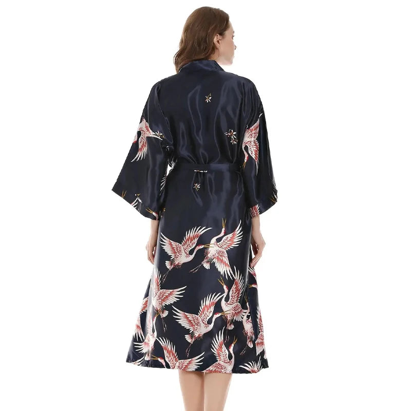 Linccure Women's Crane Print Satin Kimono Robe Silky Half | SAMAG