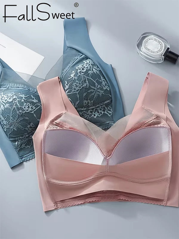 FallSweet 4PCS Plus Size Ice Silk Bra for Women Seamless Push Up Bralette Wireless Lace Brassiere Summer Underwear Lingerie Tops