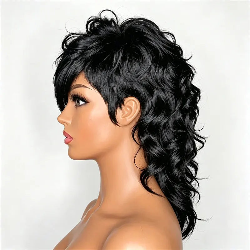 Fashion Style Short Mullet Pixie Cut Wig Natural Black Full Machine Made With Bangs Soft Smooth For Women Festival Party Daily