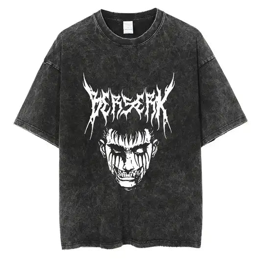 Japanese Anime Berserk Retro Washed T-shirt Men and Women New Summer Harajuku Clothing Casual Round Neck Short Sleeved Top