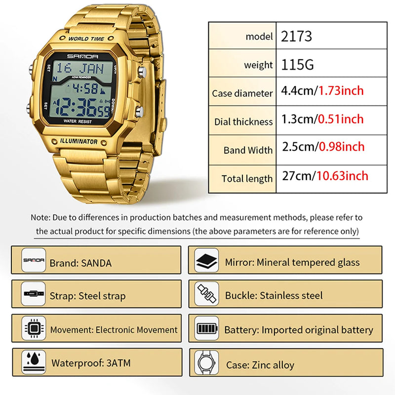 SANDA Fashion Digital Sport Watches Men Waterproof Stopwatch Alarm Date Week Watch Man Golden Strap LED Square Dial Wristwatch