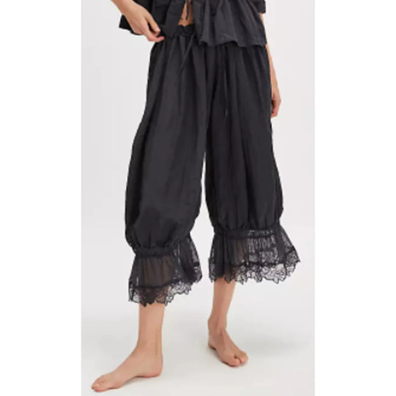 Women's Y2K Loose Fit Bloomers Cropped Pants Drawstring High Waist Floral Lace Patchwork Calf-Length Lantern Trousers