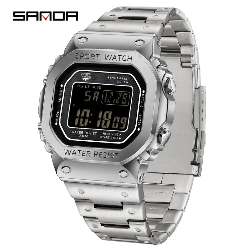 SANDA 2162 Men's Electronic Watch Square Waterproof Multi Functional Wrist Watch Square Fashion Night Light Steel Digit Watches
