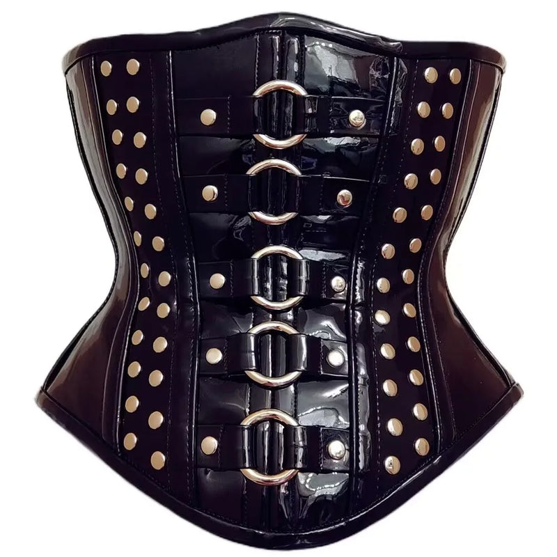 Annzley's new patent leather metal ring decoration with steel bone waist zipper corset for outer wear punk half chest waist seal