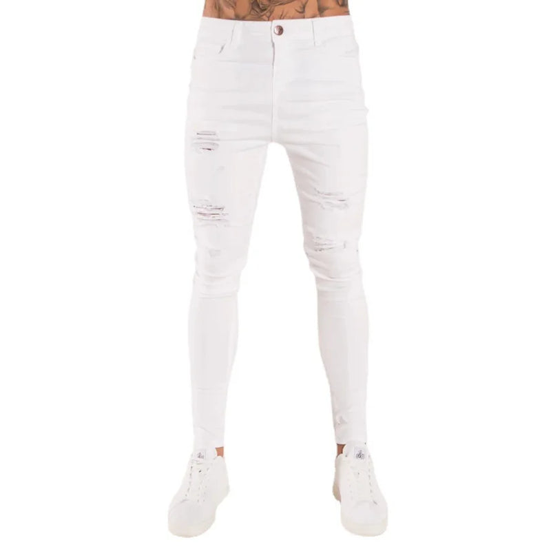 New White Embroidery Jeans Men Cotton Stretchy Ripped | SAMAG