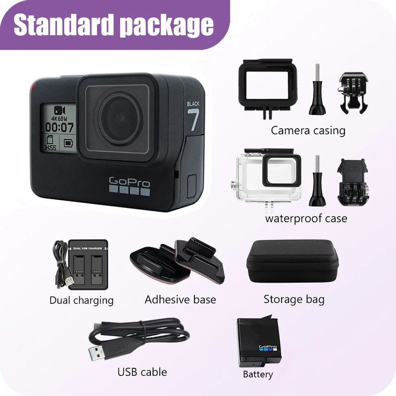GoPro Hero 7 Black Original Special Bundle Action Camera Go Pro Hero7 Sport 12MP Photo Live Streaming Cam 4K 60fps 1080P 240fps