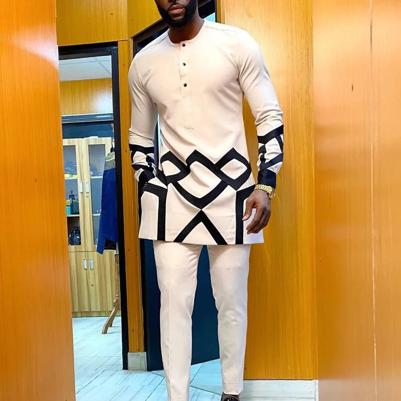 White Kaunda Suit Tuxedo Outfits Summer Short Sleeve Tops Pants with Pockets African Ethnic Casual Clothing Men Tuxedo 2PCS Suit